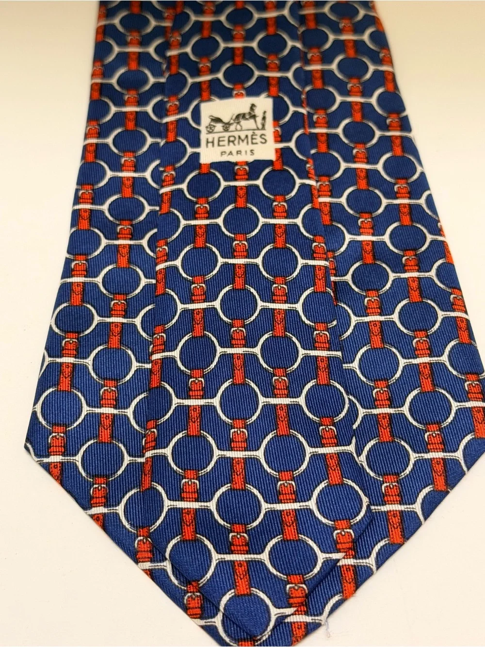 Hermes Men's Tie Honeycomb Bridle Clover Chain Navy/Red Designer 627 TA